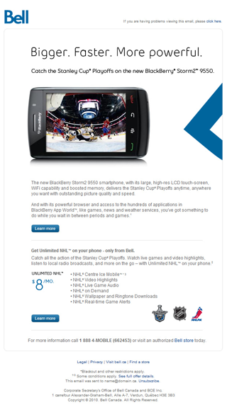 Bell Canada - NHL/BlackBerry® Storm2™ - April 2010 - Email Design and Coding