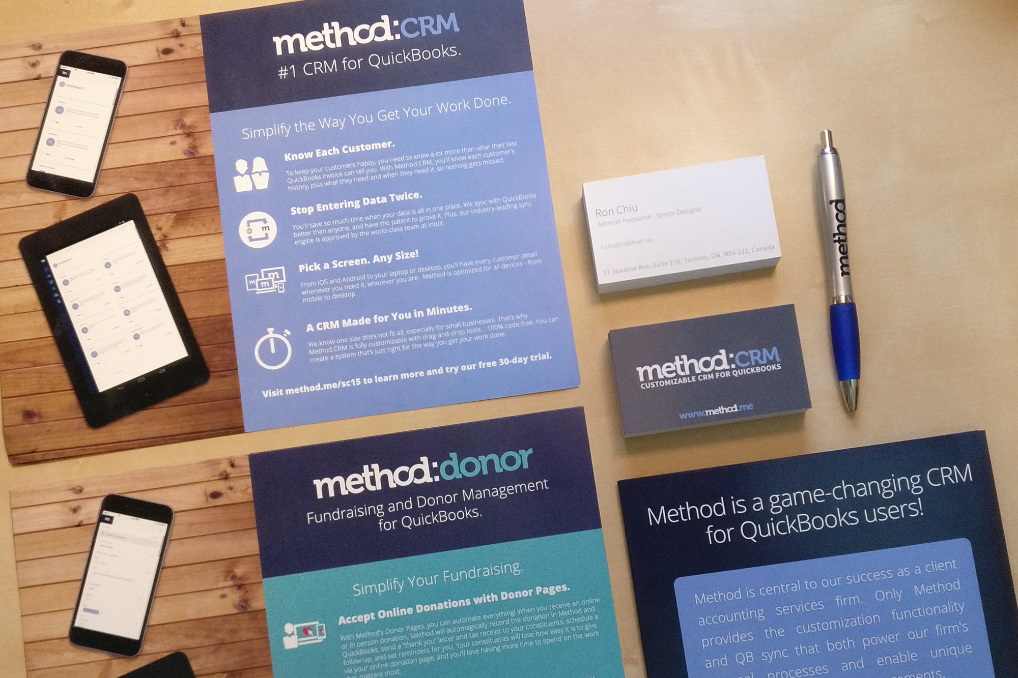 Sales sheets, brochurs, business cards, and a pen with Method branding