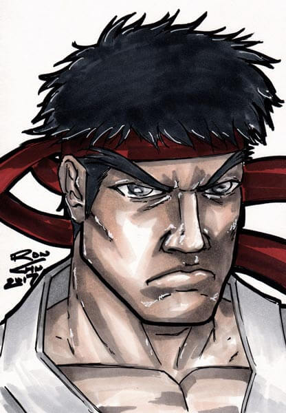 Drawing of Ryu from Street Fighter, coloured with Copic markers