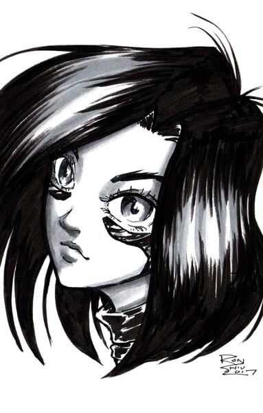 Drawing of Gally/Alita from Battle Angel, rendered with Copic Markers